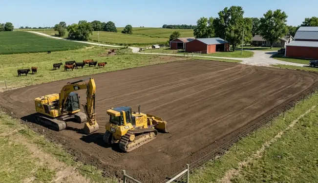 Compacted barn pad preparation on North Missouri farm ready for agricultural building construction