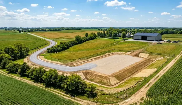 Finished rural construction site with graded building pad and gravel driveway