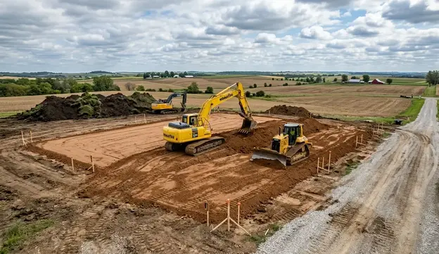 Building pad construction and grading for a new home site in North Missouri
