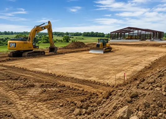 Excavator grading and preparing building pad for foundation in rural North Missouri