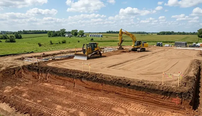 Cross section showing engineered fill layers, compacted soil lifts, clay subgrade and drainage beneath a North Missouri building pad