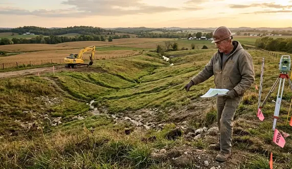 Excavation contractor evaluating rural land for building pad placement and drainage planning in North Missouri