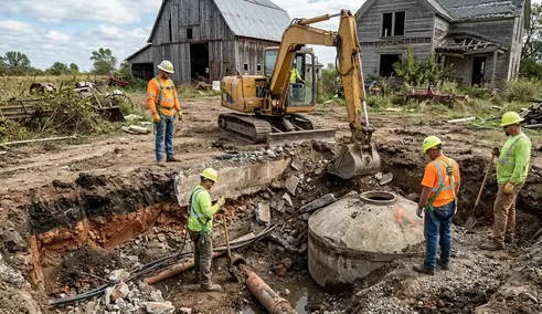 Excavator exposing buried abandoned concrete septic during demolition cleanup