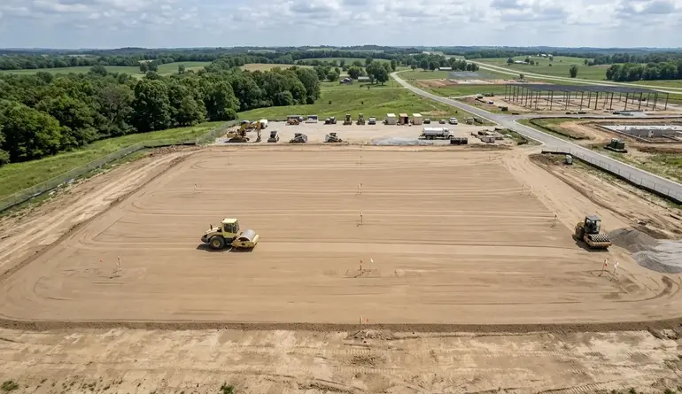 Prepared commercial building pad graded and compacted for future warehouse construction