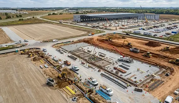 Commercial construction project showing excavation, utilities, and building construction progressing in sequence
