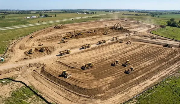 Large-scale grading operation balancing cut and fill earthwork on a commercial construction project