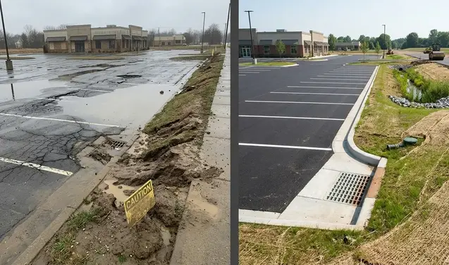 Commercial site experiencing drainage and settlement problems due to improper grading and compaction