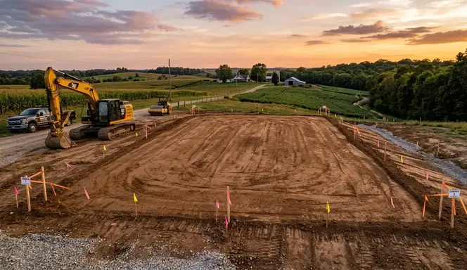 Finished engineered building pad ready for construction in rural North Missouri farmland