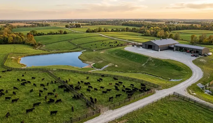 Completed cattle ranch development project in North Missouri showing ponds, roads, fencing and pasture improvements