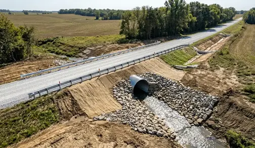 Large culvert installation protecting a rural gravel road from stormwater runoff in North Missouri
