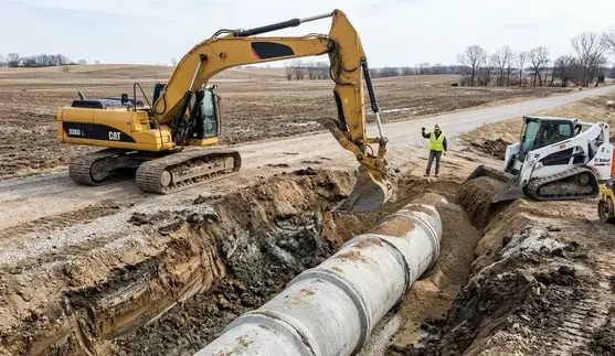 Excavator installing drainage culvert beneath a gravel farm road in North Missouri