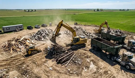 Excavator sorting demolition debris and recyclable materials during site cleanup in North Missouri
