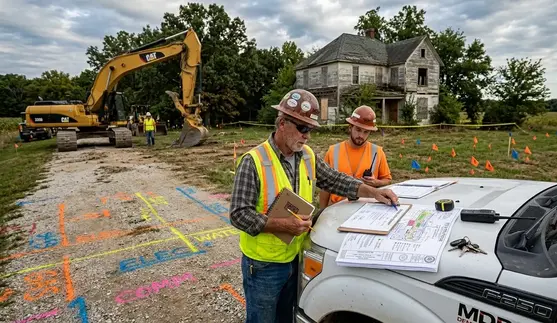 Site inspection before demolition showing utility markings and structure evaluation in North Missouri