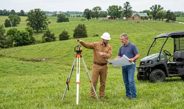 Contractor evaluating drainage, slope and soil conditions for driveway construction on rural Missouri property