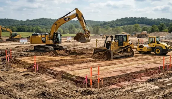Excavator and bulldozer placing and grading engineered fill for building pad construction in rural Missouri
