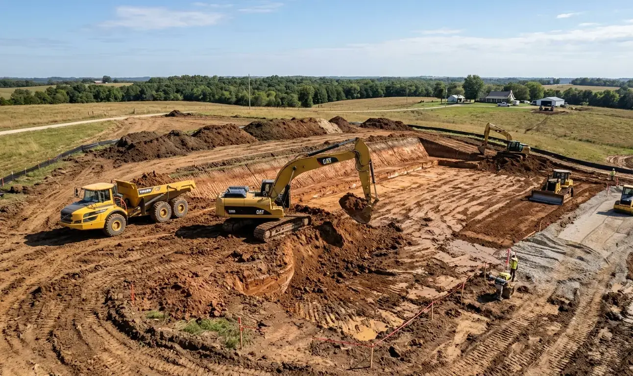 Excavation crew cutting and shaping a building pad on rural North Missouri farmland with grading equipment and laser leveling