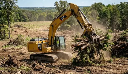 Excavator removing trees and brush during professional land clearing project in North Missouri