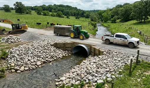 Farm creek crossing and culvert installation on North Missouri agricultural property providing equipment and livestock access