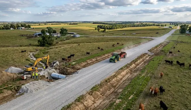 Farm road construction in North Missouri showing gravel road, drainage improvements, and heavy equipment access