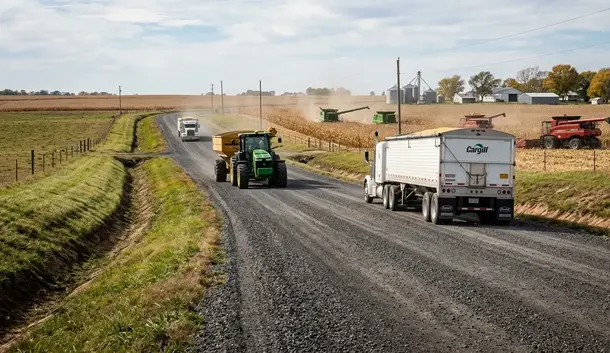 Heavy-duty farm road supporting grain trucks, tractors and agricultural equipment in North Missouri