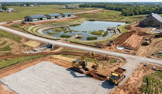 Aerial view of North Missouri farm showing drainage patterns, ponds, roads, terrain and agricultural development planning