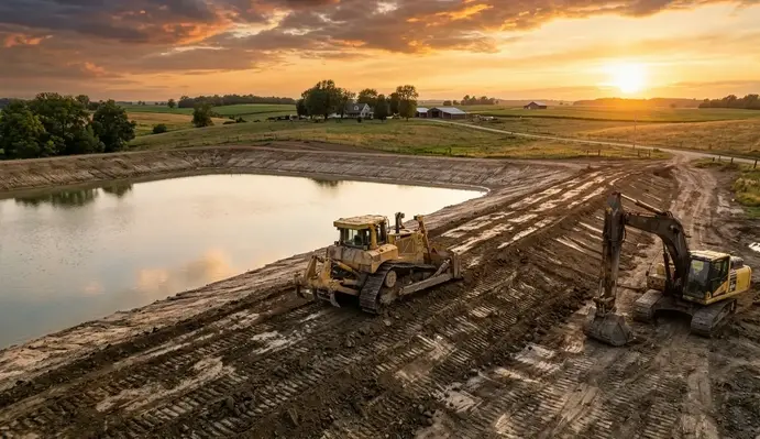 Heavy equipment finishing pond grading and clay compaction on rural North Missouri pond construction project