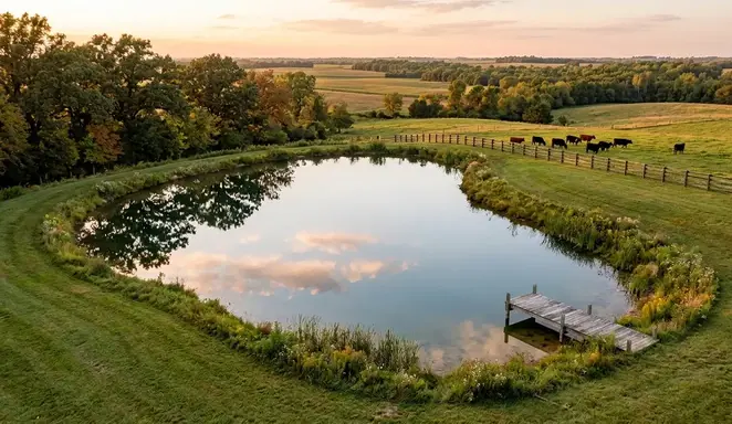 Finished fishing and farm pond on rural North Missouri property with clear water and landscaped shoreline