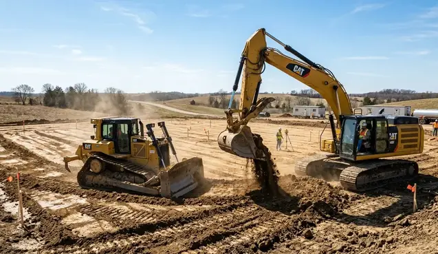 Excavator and dozer shaping and compacting building pad on rural North Missouri construction site