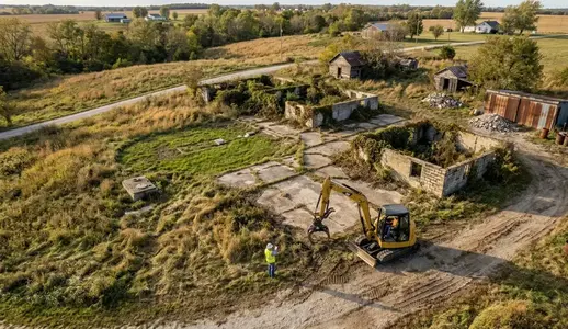 Aerial view showing hidden demolition challenges on a North Missouri property