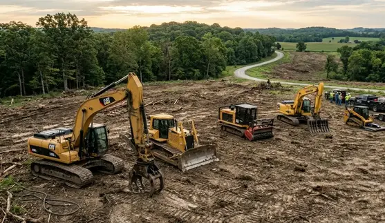 Professional land clearing equipment including excavator grapple dozer and forestry attachments on North Missouri property