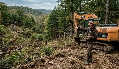 Excavation contractor evaluating land clearing site conditions including timber density drainage and terrain