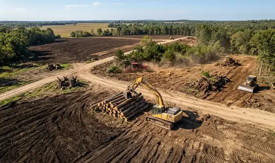 Large scale land clearing project with excavator and forestry equipment in North Missouri