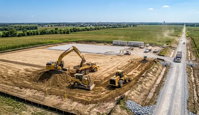 Large excavation equipment preparing expansive building pad and site development project in rural North Missouri farmland