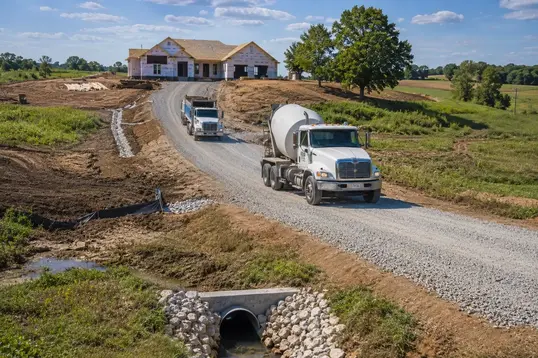 Construction-ready gravel driveway supporting concrete trucks and home building traffic in North Missouri