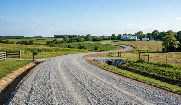 Newly completed rural gravel driveway with proper crown, drainage and aggregate base in North Missouri