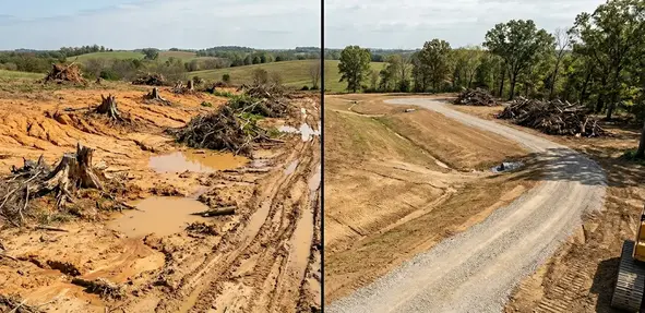 Comparison of poorly cleared land vs properly cleared and graded Missouri property