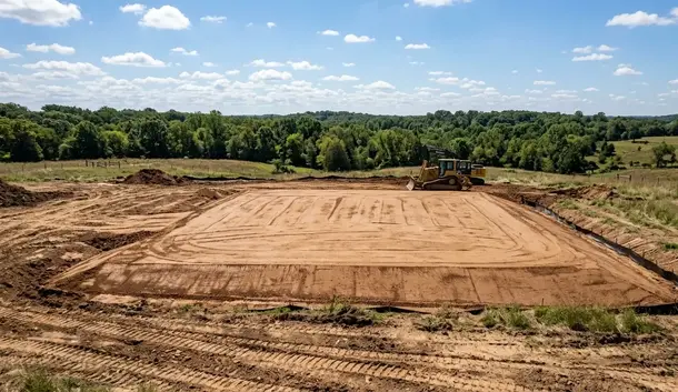 Graded building pad with visible drainage slope on cleared Missouri property