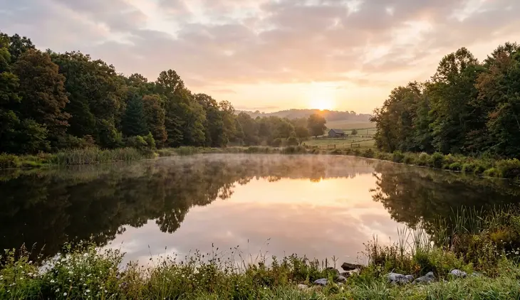 Calm finished pond at sunrise in rural North Missouri with trees reflecting on water