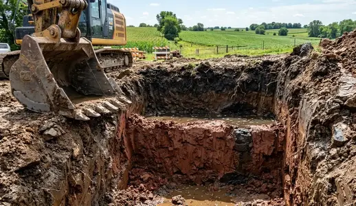 Exposed clay soil layers demonstrating why North Missouri properties experience standing water and slow drainage
