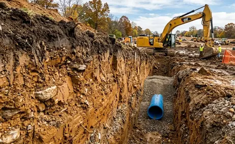 Utility trench excavation through heavy clay soil on a rural North Missouri property with visible soil layers and trench profile