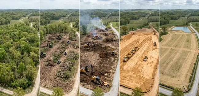 Time lapse style progression of land clearing stages from forest to cleared land