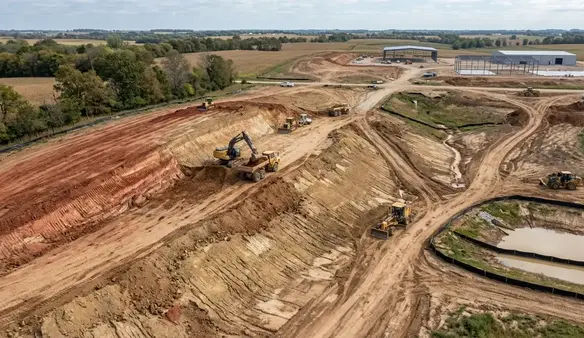 North Missouri commercial construction site showing clay soils grading work and elevation changes