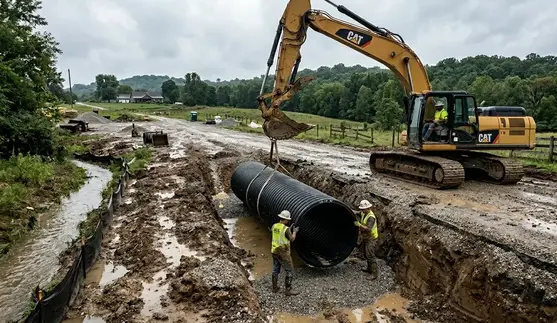 Culvert pipe being installed under a gravel driveway in North Missouri for water flow control and drainage improvement
