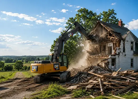 Heavy equipment performing safe building demolition and structure removal in North Missouri