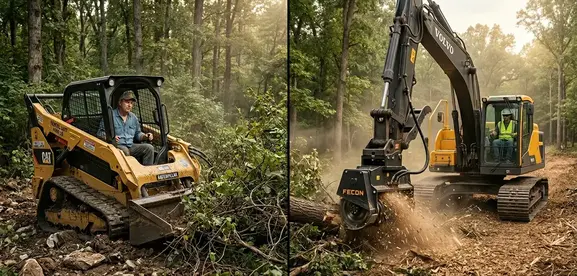 Small rented skid steer struggling vs professional excavator clearing dense Missouri timber