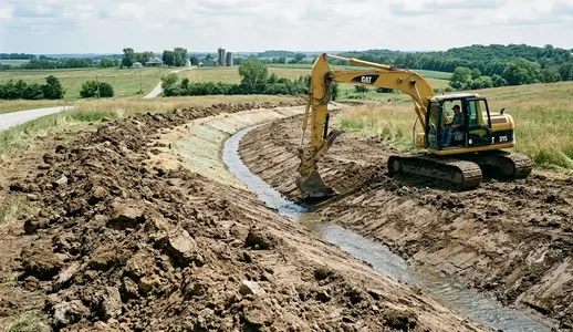 Excavator shaping a drainage swale on rural North Missouri property to control surface water runoff