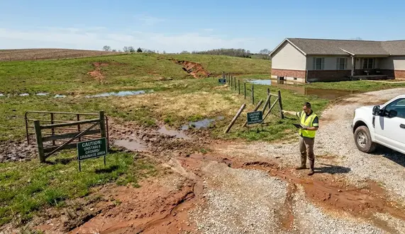 Standing water, driveway erosion, foundation moisture, muddy pasture areas, and drainage failures on North Missouri property