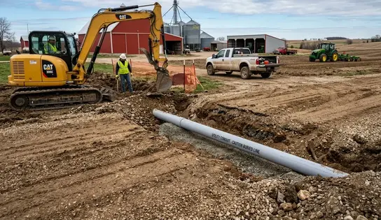 Underground utility crossing beneath a gravel driveway on a North Missouri rural property with protective conduit installation