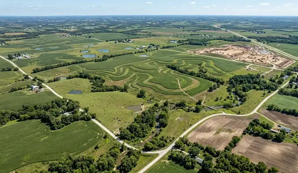 Aerial view of rolling farmland and drainage patterns across North Missouri