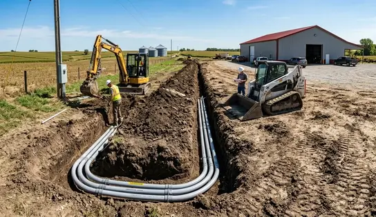 Electrical service conduit trench installation on a rural North Missouri property for underground power distribution
